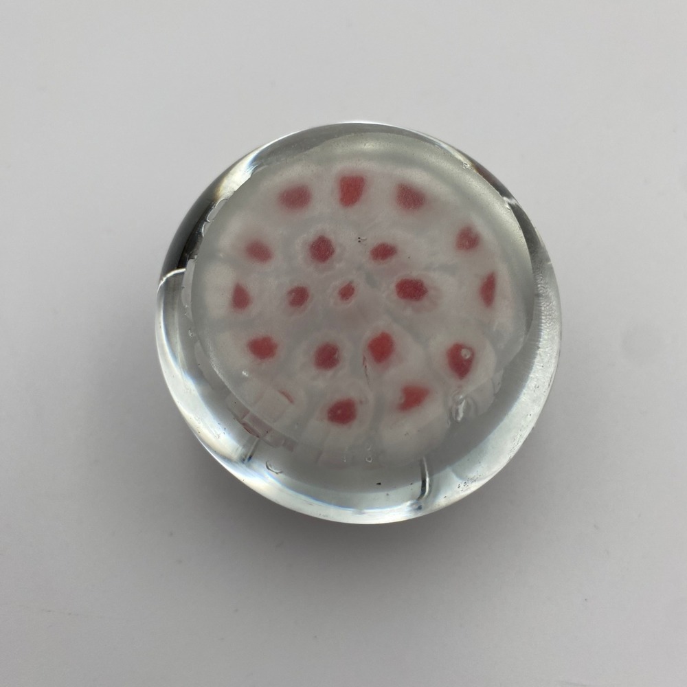 Vintage Red and White Millefiori Art Glass Paperweight Round Floral Dome 2 Inch - Picture 2 of 5